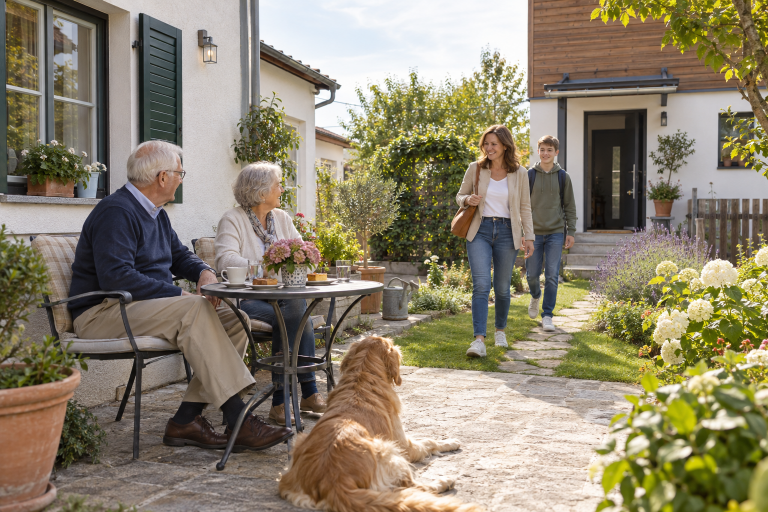 Zwei Generationen begegnen sich im Garten zwischen zwei Wohnbereichen